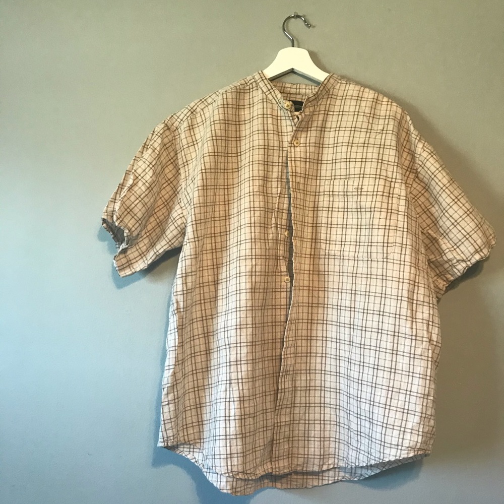 Men’s light brown plaid collarless button down